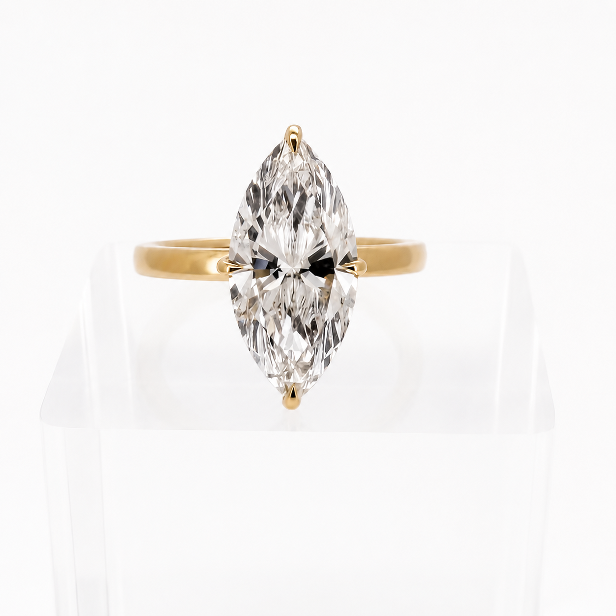 3.00ct E VS1 marquise lab grown diamond ring in 14K yellow gold, front view