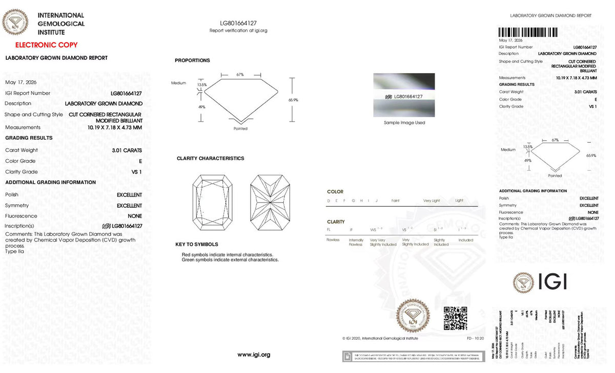 IGI certificate LG801664127 for 3.01 carat E VS1 lab grown radiant diamond