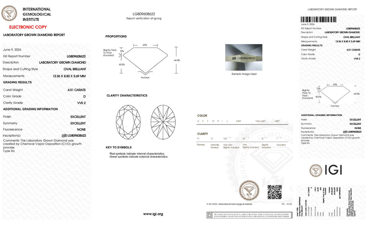 IGI certificate LG809608622 for 4.01ct D VVS2 oval lab-grown diamond