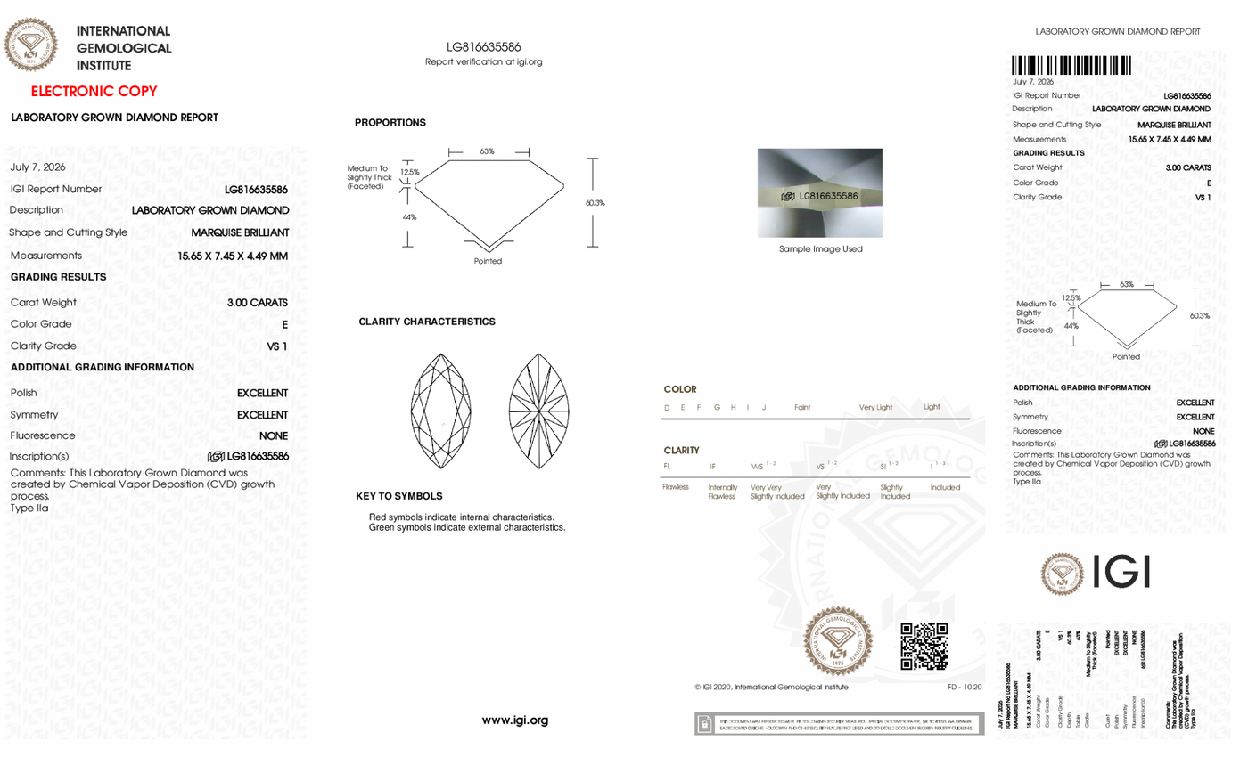 IGI certificate LG816635586 for 3.00 carat E VS1 marquise lab grown diamond